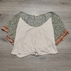 Altar'd State Boho Floral Flutter Sleeve Tie Front Top Womens Medium Green Beige